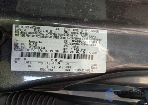2015 Ford Focus Se from USA, damaged, VIN 1FADP3F23FL347911
